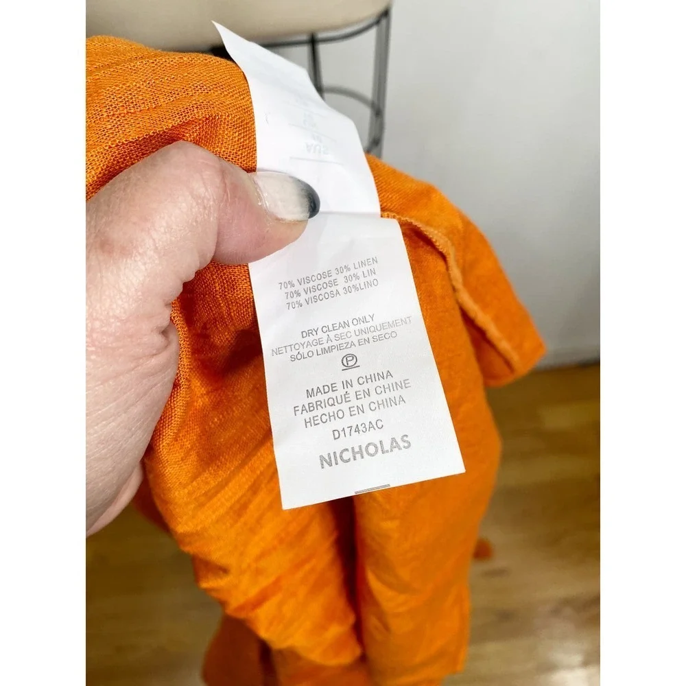 Nicholas 6 S Pleated Prairie Dress Deep Orange Linen Puff Sleeve Midi Ruffle New - Picture 8 of 8